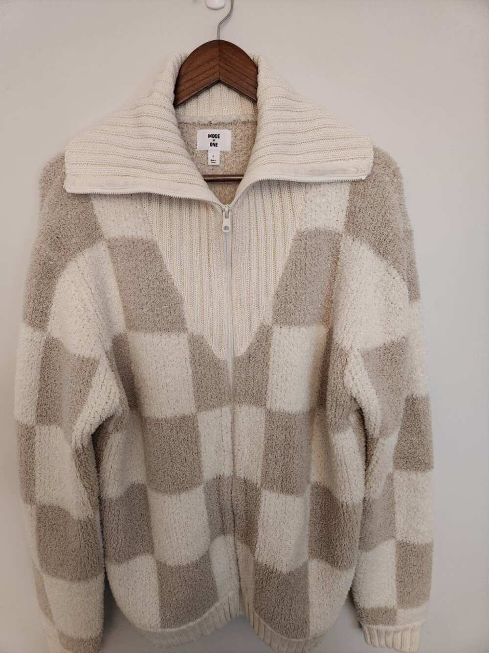 Mode of One Checkerboard Full-Zip Knit Sweater XL Cream Taupe Macy's